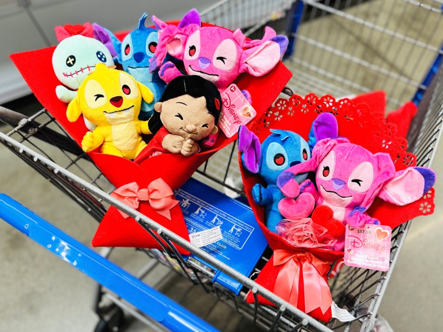 two Disney Stitch Plush Valentine's Bouquets in Walmart shopping cart