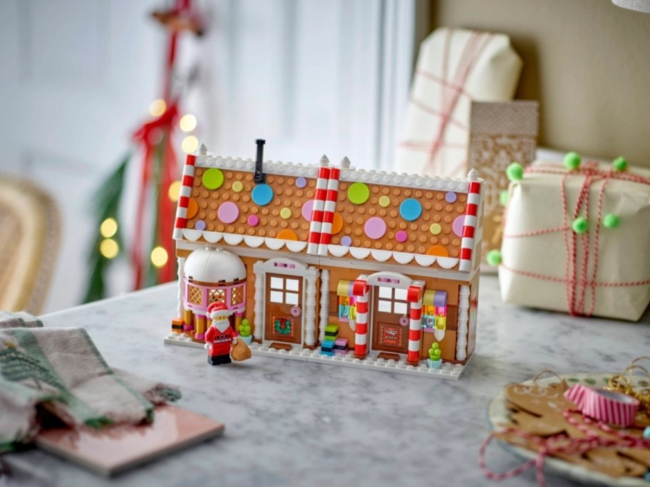 LEGO festive gingerbread house with santa mini figure