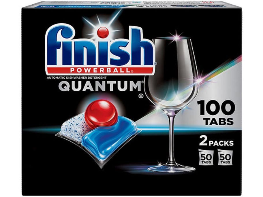 Stock image of a 100-count box of Finish Quantum dish packs