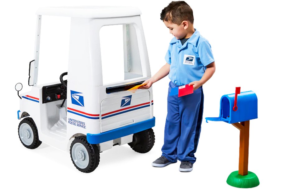 child placing letters from mailbox into usps truck