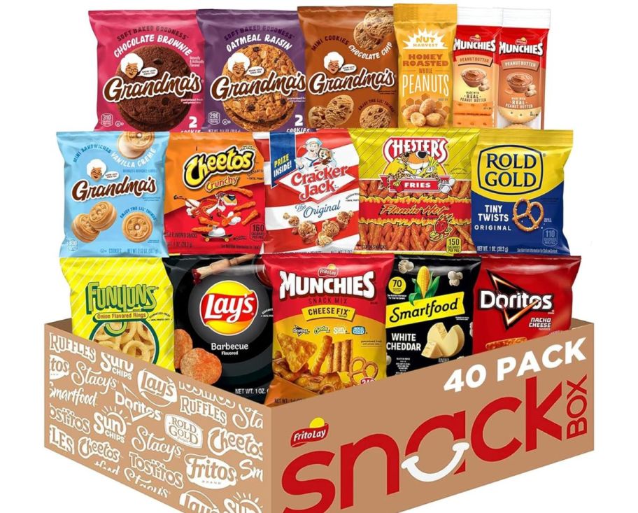 variety of sweet and savory snacks in cardboard box