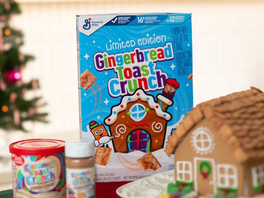 Gingerbread Toast Crunch Cereal box with gingerbread house and cinnamon toast crunch products