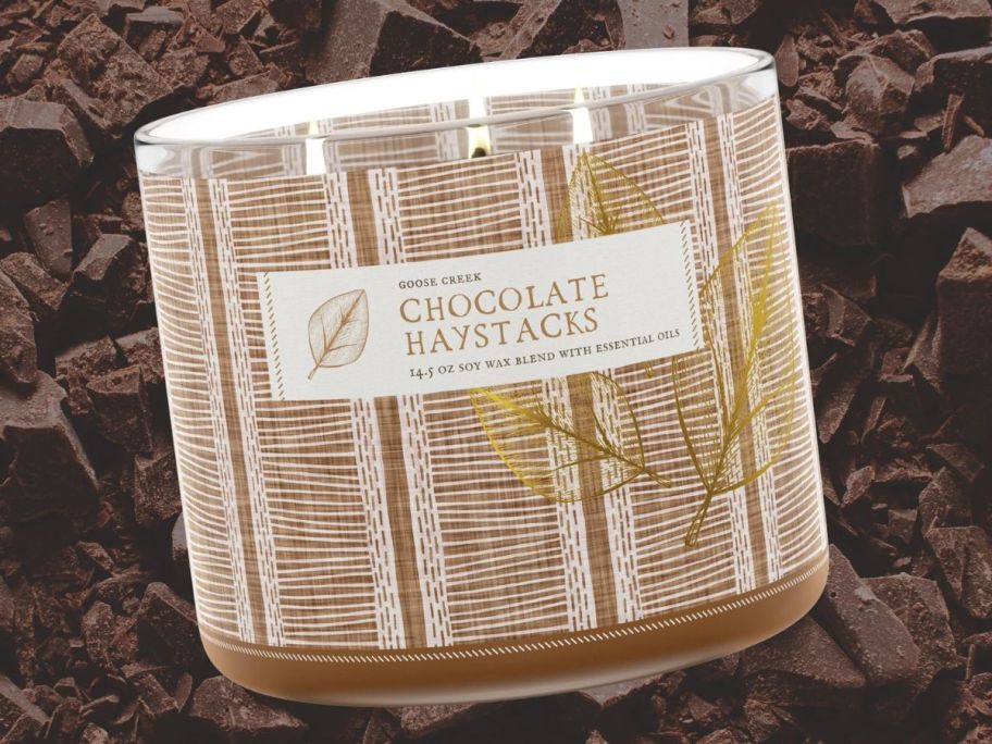 Goose Creek Chocolate Haystacks 3-Wick Candle on chocolate shavings