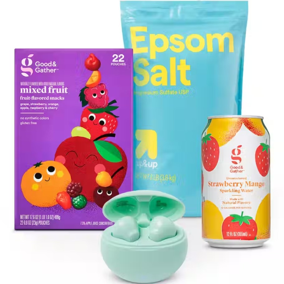 image of a pair of light green earbuds in a charging case, a box of fruit snacks, a bag of epsom salt, and a can of sparkling water