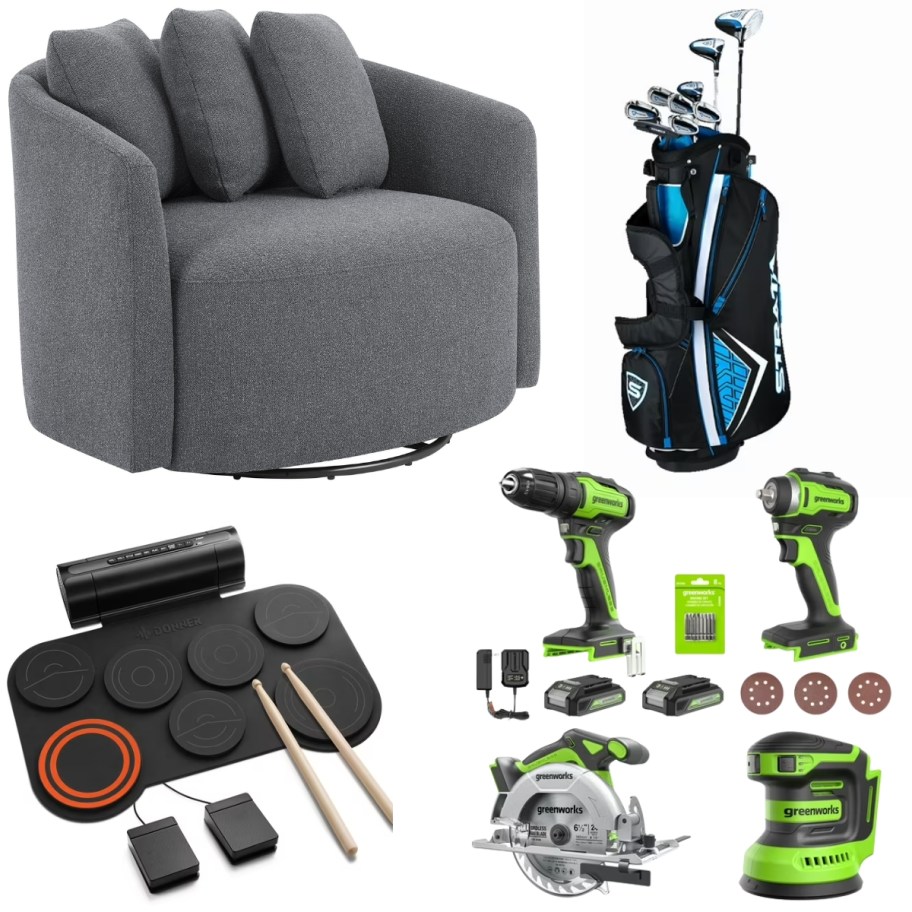 grey accent chair, Callaway golf clubs, electric drum set, Greenworks power tools