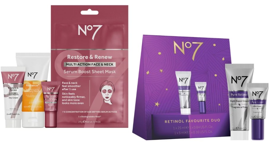 two No7 brand skincare mini sets with various skincare items 