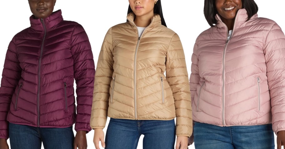 3 women wearing different color puffer jackets and jeans