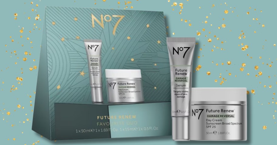 a No7 Skincare set with a serum in a tube and a cream in a container, next to a box they come in on a green and gold background