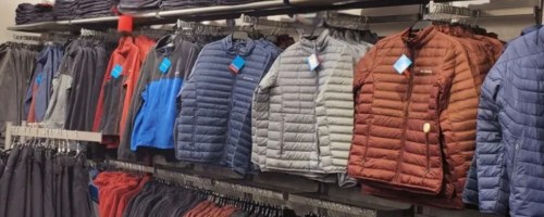 Columbia coats and jackets on a wall display in a store