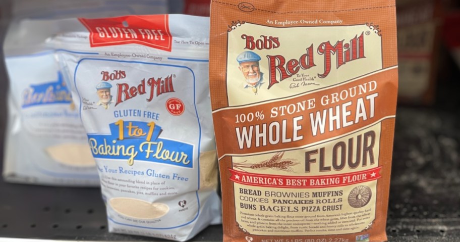 bags of Bob's Red Mill flour on a store shelf