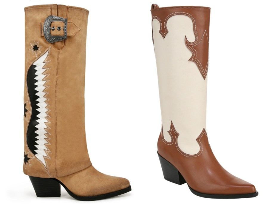 women's tall boots, one brown with a black and white design, one cowboy style in a brown and white print