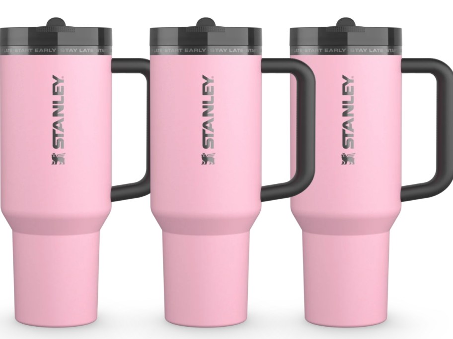 3 light pink and black Stanley Tumblers with handles