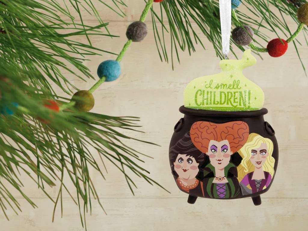 Hallmark Disney Hocus Pocus Cauldron Ornament hanging in tree