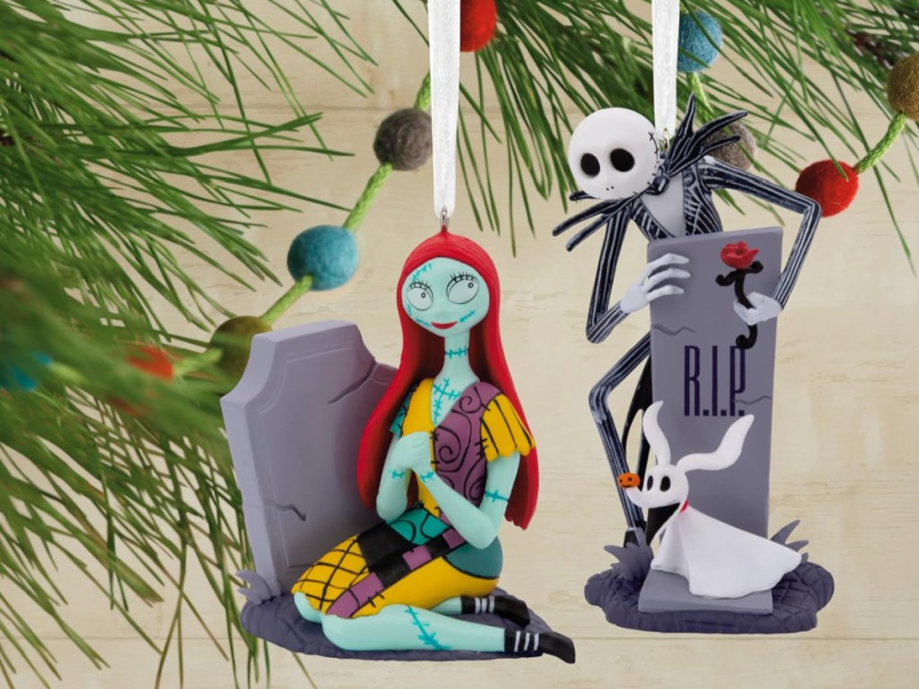 Hallmark The Nightmare Before Christmas Jack and Sally with Tombstones Ornaments hanging in tree