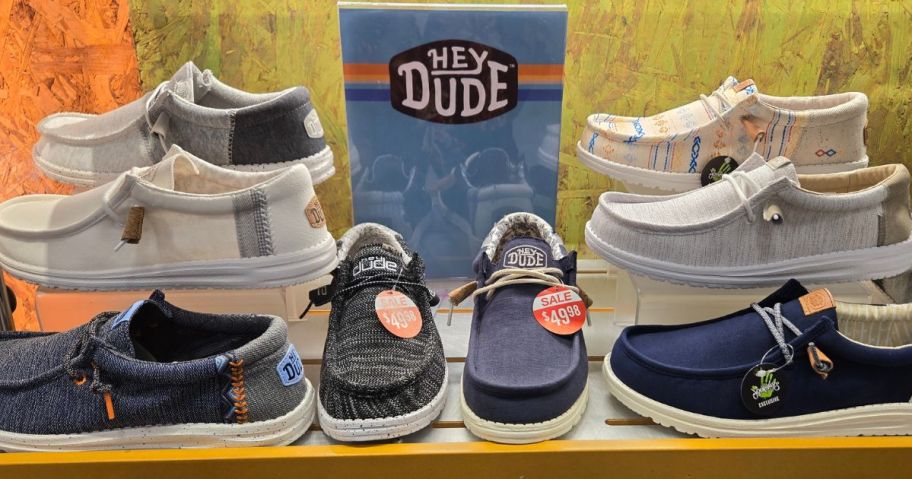 A display of HEYDUDE shoes