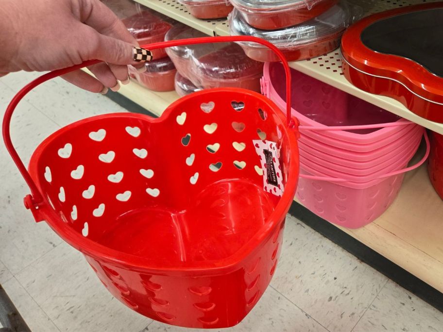 A red heart-shaped basket from Hobby Lobby