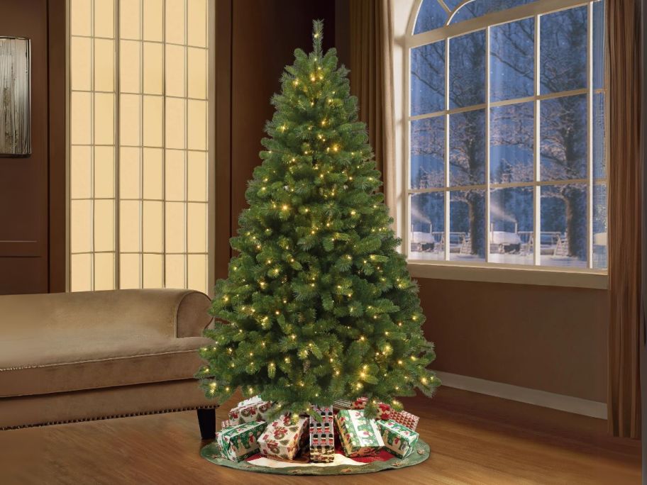 Holiday Time 7' Pre-Lit Valley Spruce Artificial Christmas Tree in living room