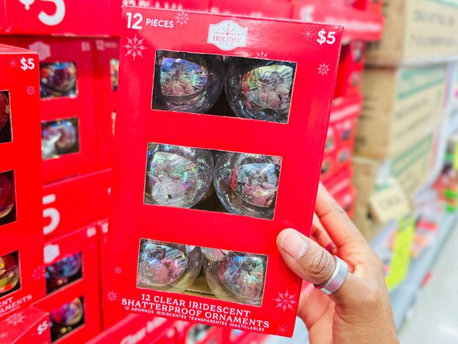 S box of Holiday Time Ornaments from Walmart