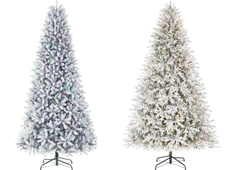 two pre-lit flocked christmas trees