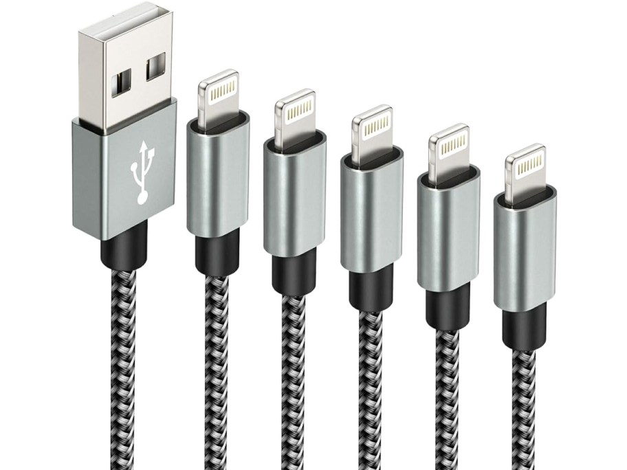 set of 5 black & grey iphone lightning charging cables