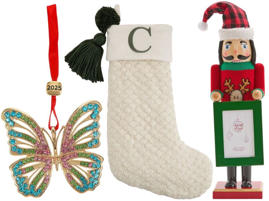 A butterfly ornament, Christmas stocking with a "C" on it and a Nutcracker