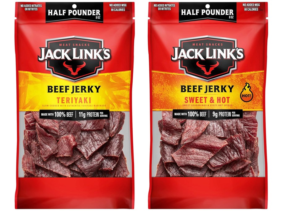 two bags of Jack Link's Beef Jerky in teriyaki and sweet & hot flavors