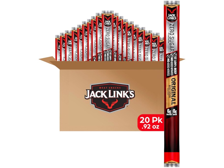 large box of Jack Link's Zero Sugar Beef Sticks with one large stick in front of it