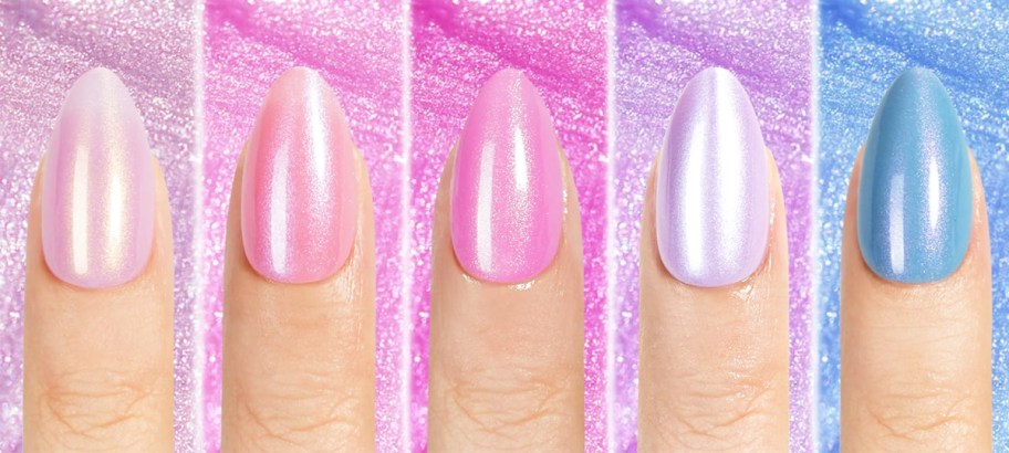 5 swatches of sparkly pink, purple, and blue press-on nails