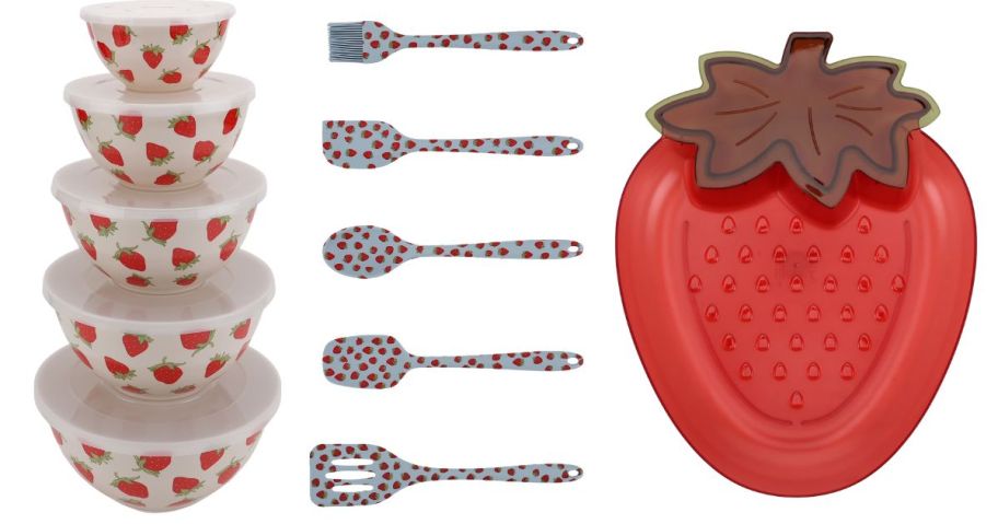 Just Feed Me by Jessie James Decker 10-Piece Melamine Mixing Bowl Set, 5-Piece Silicone Kitchen Gadget Set, and Strawberry Shaped Serving Tray