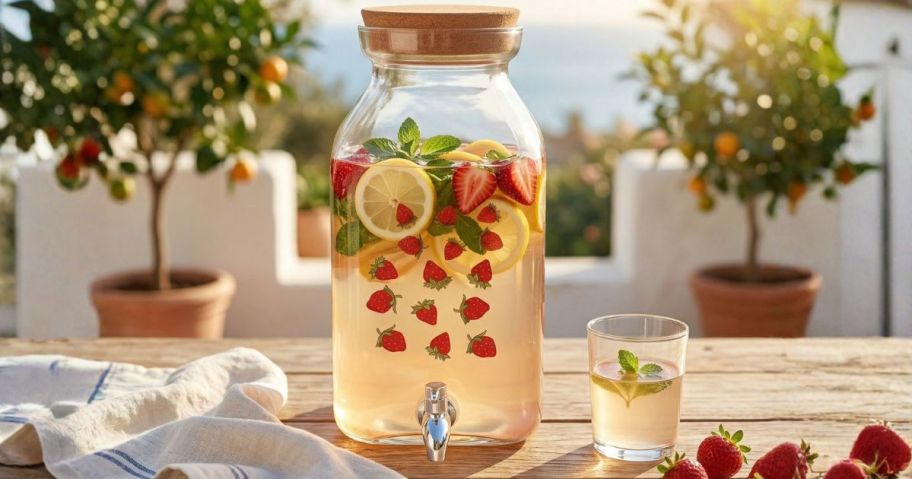 Just Feed Me by Jessie James Decker 2-Gallon Strawberry Beverage Dispenser on table