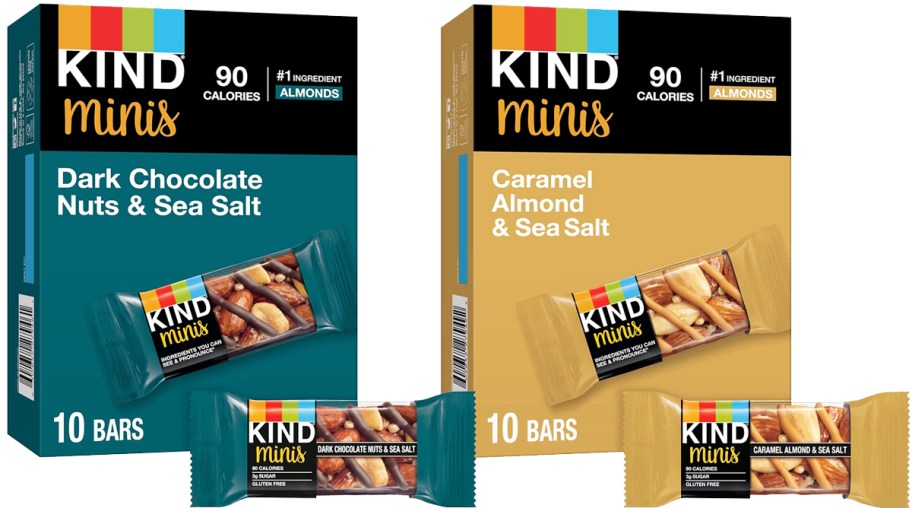 teal and yellow boxes of KIND Mini Bars