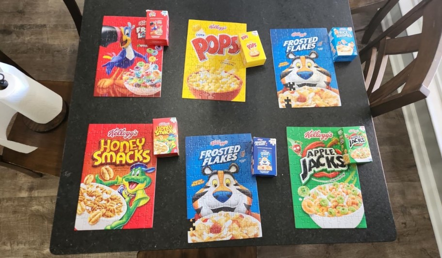 kellogg's cereal box puzzles displayed on table