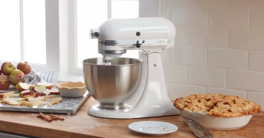 KitchenAid 4.5-Qt Stand Mixer in white on counter