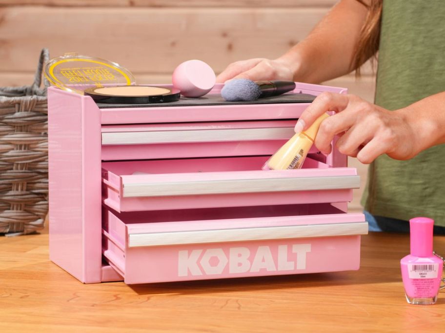 girl putting nail polish bottle into Kobalt 3-Drawer Mini Tool Box