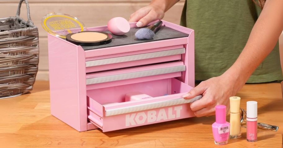 girl opening bottom drawer of Kobalt 3-Drawer Mini Tool Box