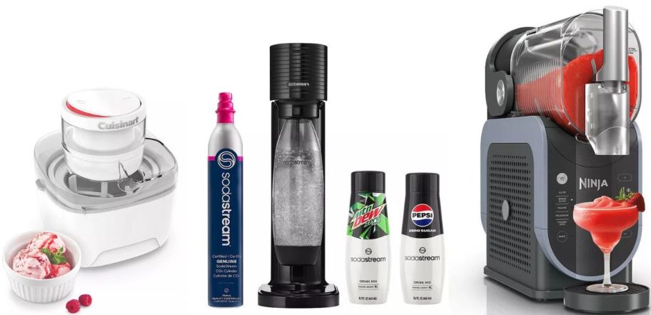 Stock images of an ice cream maker, sodastream, and Ninja Slushi