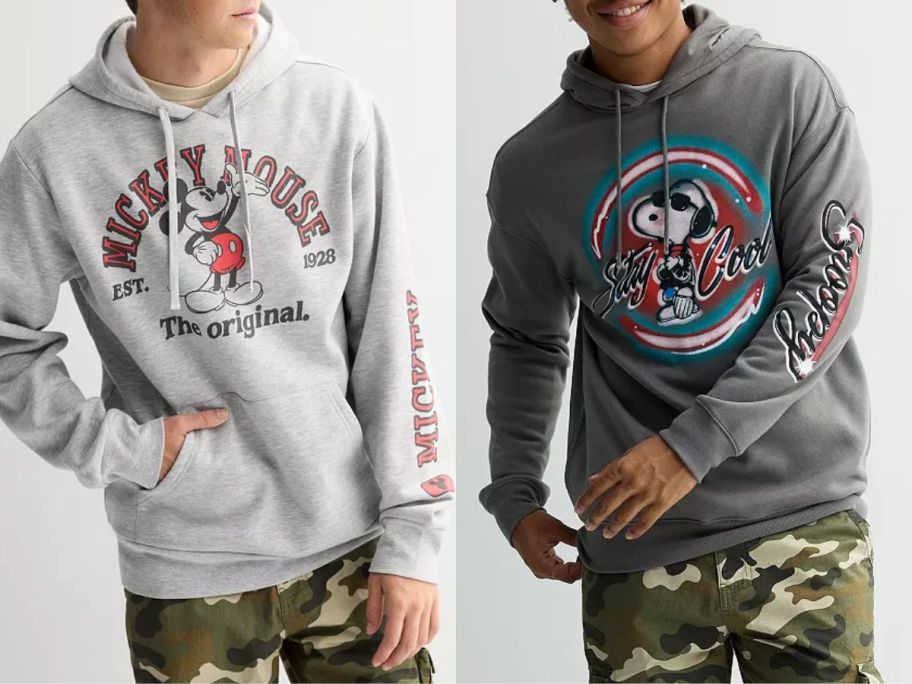 stock images of two teen boys wearing licensed character hoodies from Kohl's