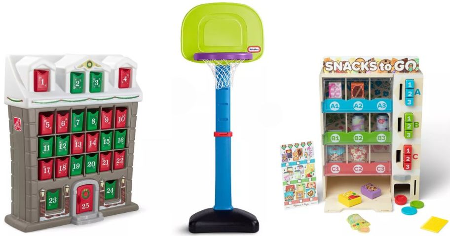 Stock images of a Step2 Advent Calendar, Little Tikes Basketball Hoop and Melissa & Doug Vending Machine