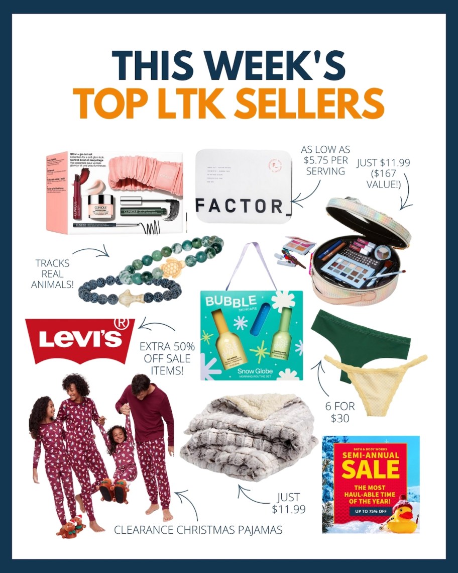 This weeks top LTK sellers with various stock photos of items and sales 