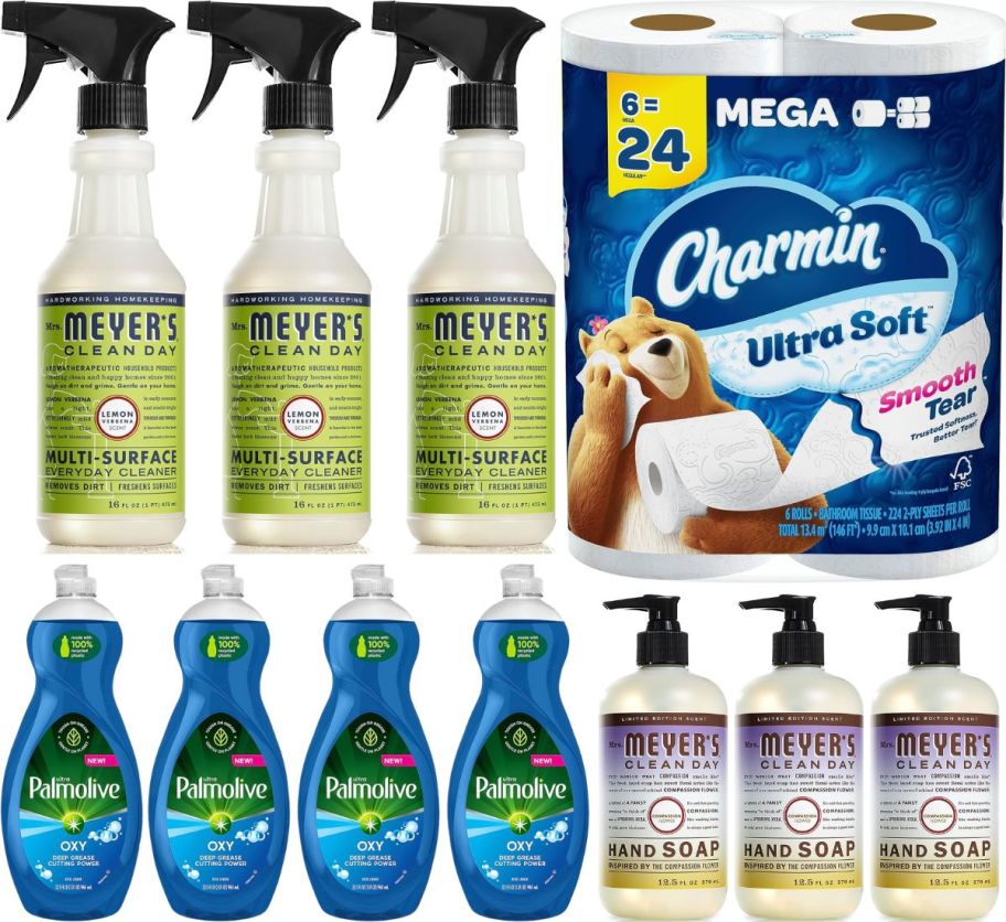 stock images of Mrs. Meyers clean day spray cleaner, and hand soap shown with palmolive dish liquid and charming toilet paper 6 pack