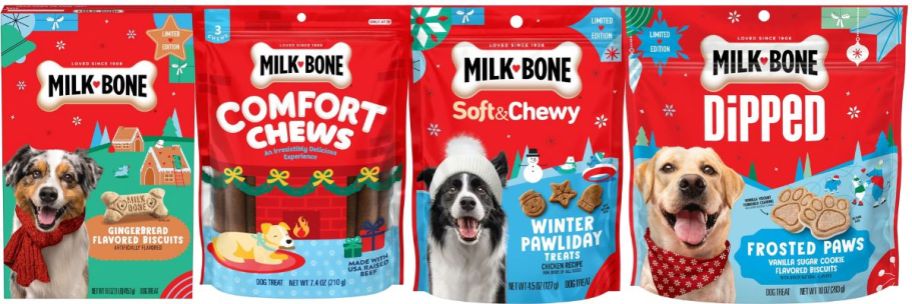 4 containers of dog biscuits in red bags and boxes