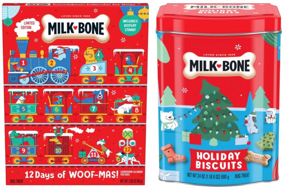 a dog treat advent calendar and a tin of dog treats
