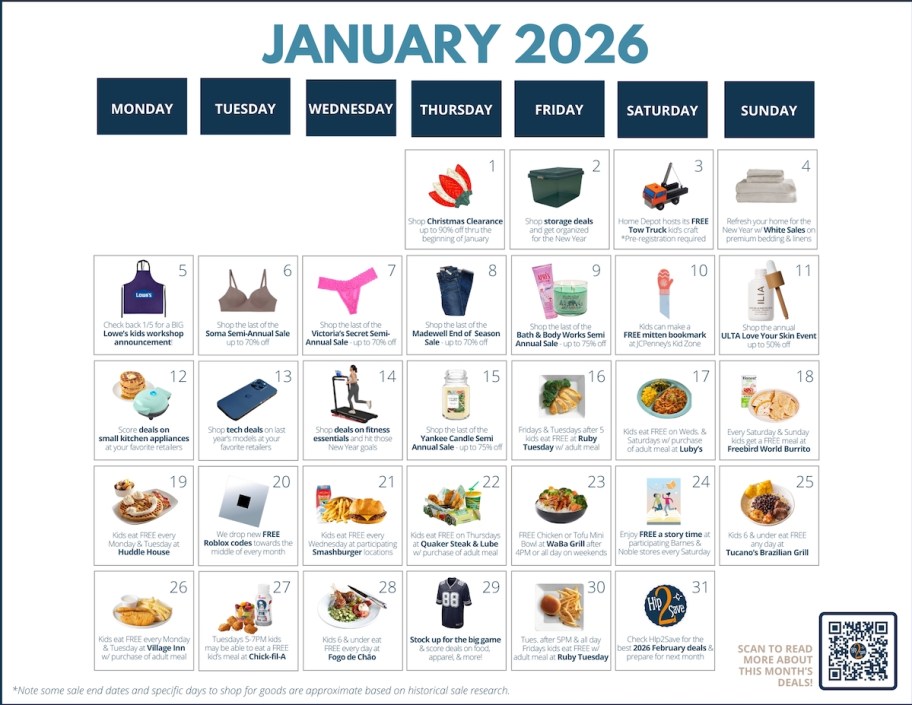 january 2026 calendar with various sales and deals