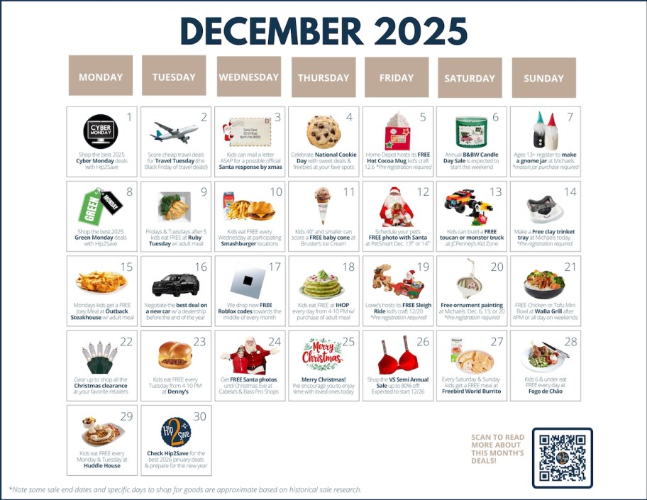 december sales calendar with various deals and freebies