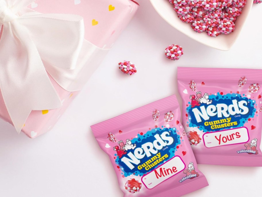 Two pink nerds, valentine classroom treat packs