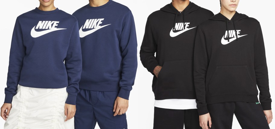 men and women in blue nike crewneck sweatshirts and black hoodies