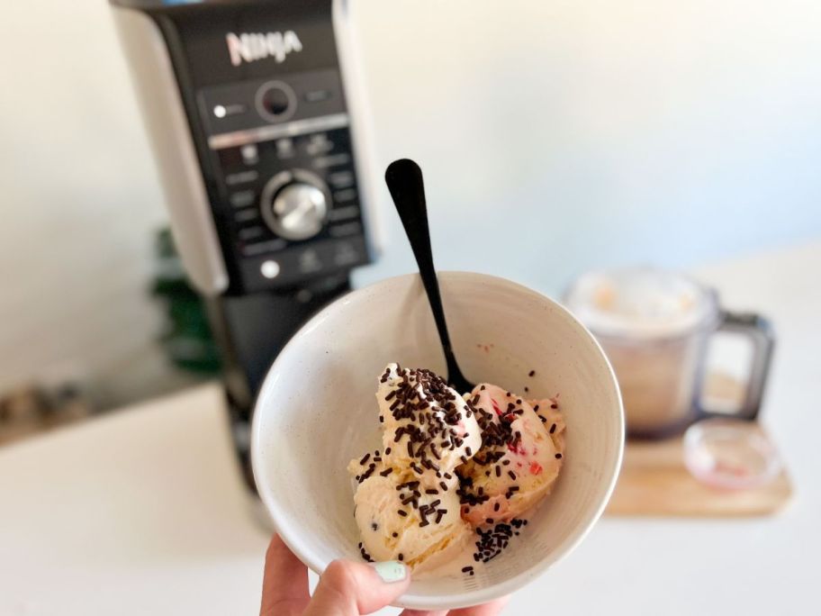 Hand holding up a bowl of ice cream made by the Ninja Creami Deluxe