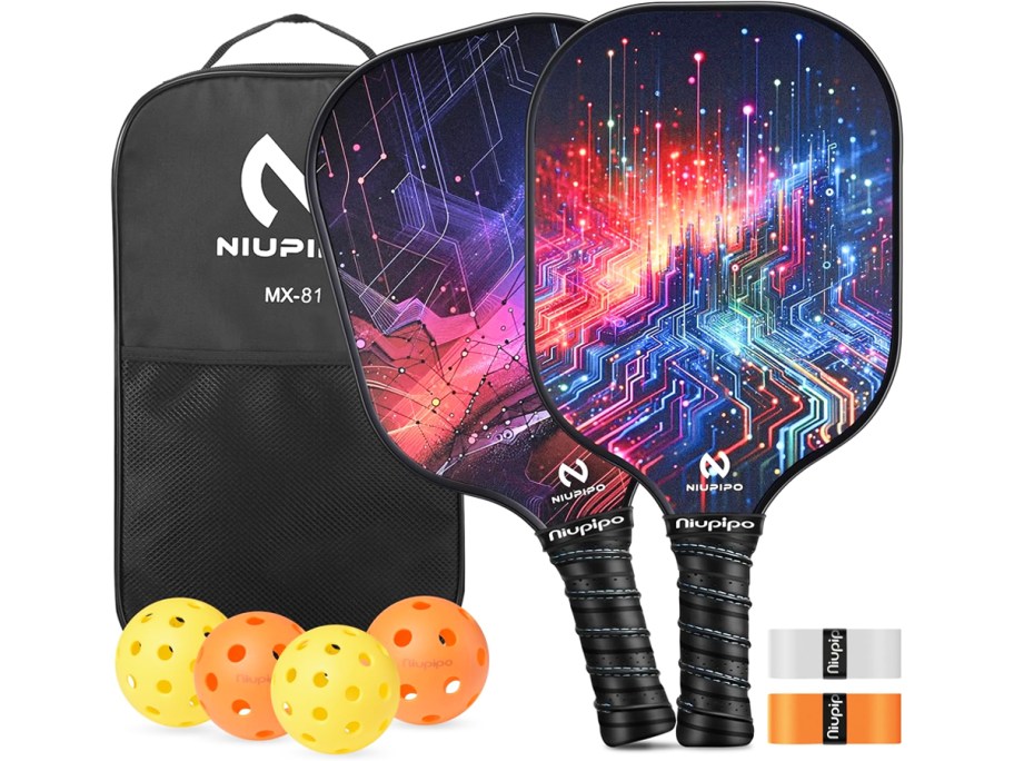 set of pickleball paddles, balls, grip tape, and bag