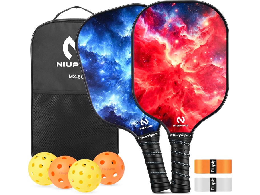 set of pickleball paddles, balls, grip tape, and bag