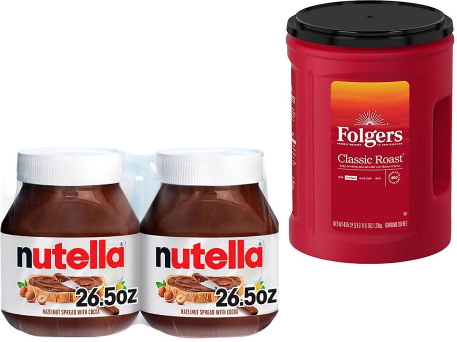 Stock images of a two-pack of Nutella and a large tub of Folger's Coffee 